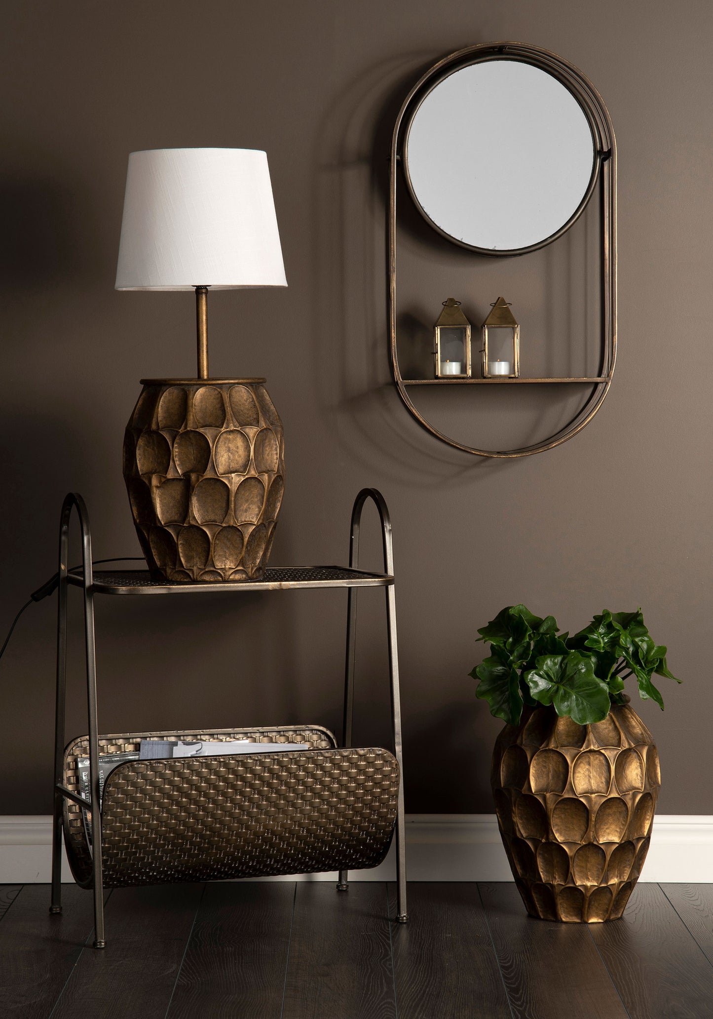 Spegill með hillu antík brass 71cm